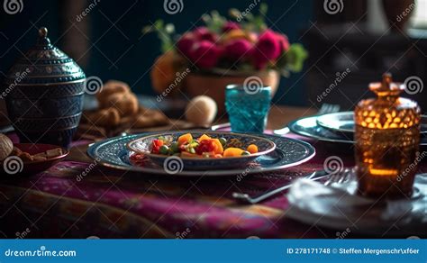 Ramadan Table Setting with Delicious Di Stock Illustration ...