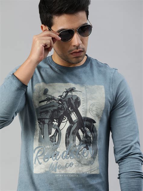 Buy Roadster Men Blue Printed Round Neck Pure Cotton T Shirt Tshirts