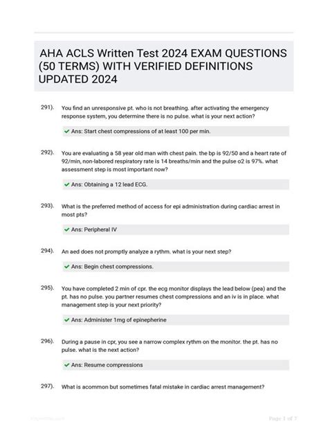 Aha Acls Written Test 2024 Exam Questions 50 Terms With Verified