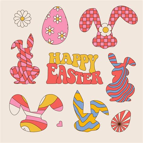 70s Groovy Hippie Happy Easter Set Of Easter Bunnies With Patterns In Trendy Retro Cartoon Style