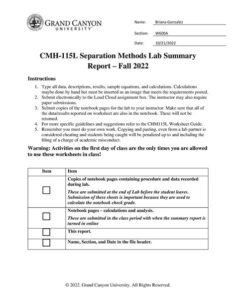 CMH-115L Separation Methods Lab Summary Report Fall 2022 - Section