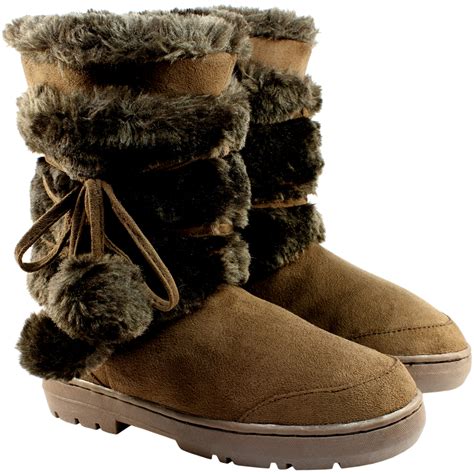 Ladies Pom Pom Short Classic Fur Lined Waterproof Winter Rain Boots All