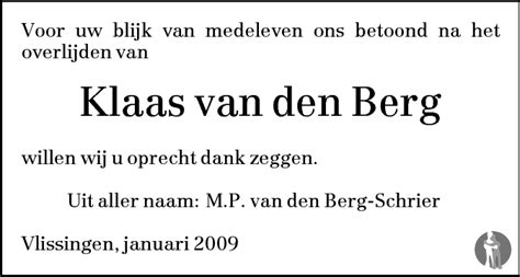 Klaas Van Den Berg 21 12 2008 Overlijdensbericht En Condoleances