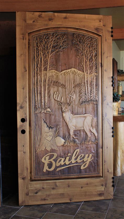 Carved Knotty Alder Door With Deer Scene And Name Carved Panel Was Sandcarved First And Then