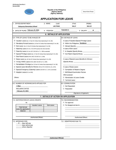 Cs Form No 6 Revised 2020 Application For Leave Fillable 1