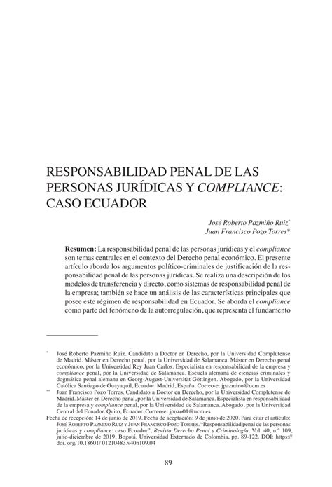 Pdf Responsabilidad Penal De Las Personas Jur Dicas Y Compliance