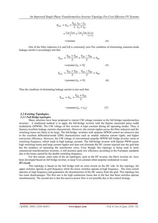 An Improved Single Phase Transformer Less Inverter Topology For Cost