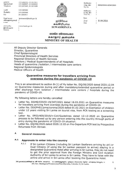 QUARANTINE MEASURES FOR TRAVELERS ARRIVING FROM OVERSEAS DURING THE