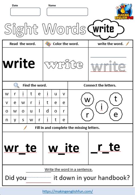 Free Printable Grade Sight Word Worksheet Writemaking