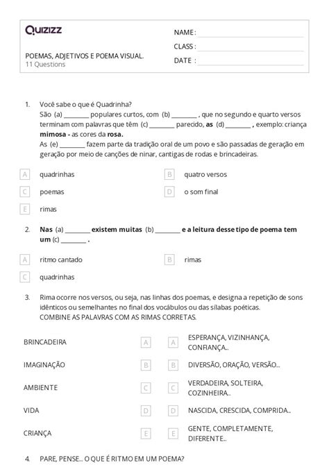 Poemas Hojas De Trabajo Para Grado En Quizizz Gratis E Imprimible