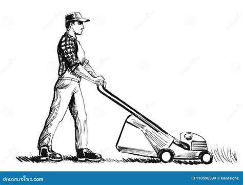 Man Mowing The Lawn Stock Illustration Illustration Of Drawing 110590399