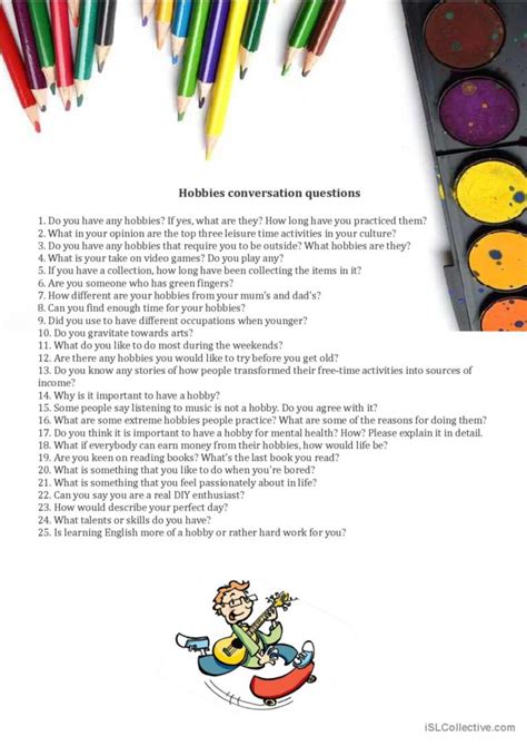 Hobbies Conversation Questions gener…: English ESL worksheets pdf & doc