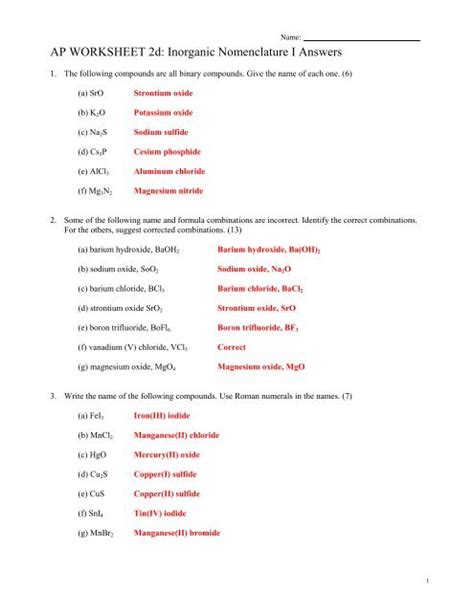 Ap Worksheet D Inorganic Nomenclature I Answers Worksheets Library