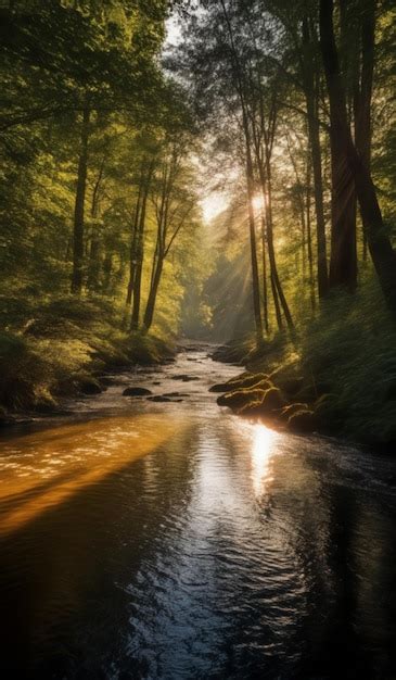 Clear River In The Middle Of Green Forest And Morning Sunlight Photo