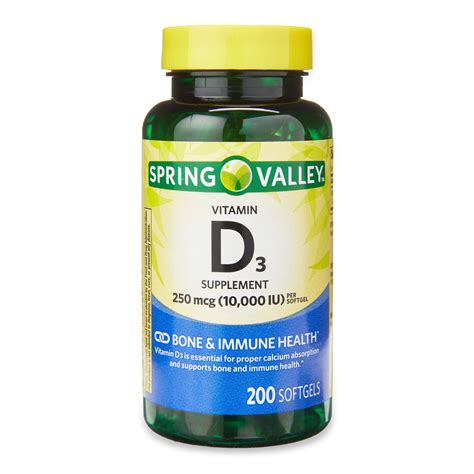 Spring Valley Vitamin D3 Bone And Immune Health Dietary Supplement Softgels 250 Mcg 10 000 Iu