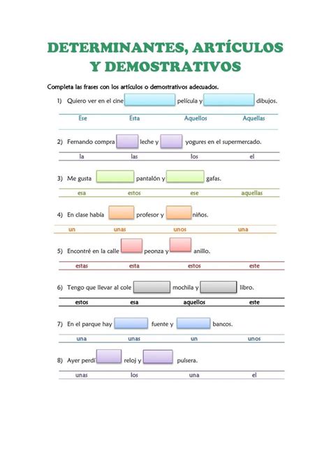 Ejercicio de Determinantes artículos y demostrativos