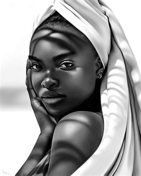 Black and White Portrait of Beautiful African Woman, Digital Drawing ...