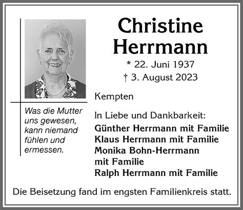 Traueranzeigen Von Christine Herrmann Augsburger Allgemeine Zeitung