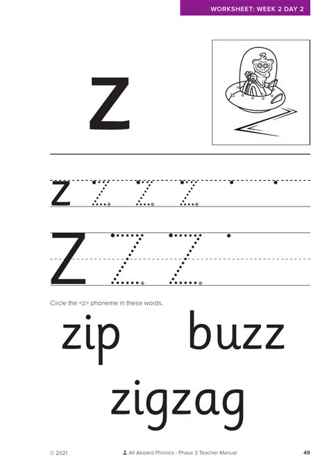 Week 2 Lesson 2 Letter Formation Z Phonics Phase 3 Worksheet