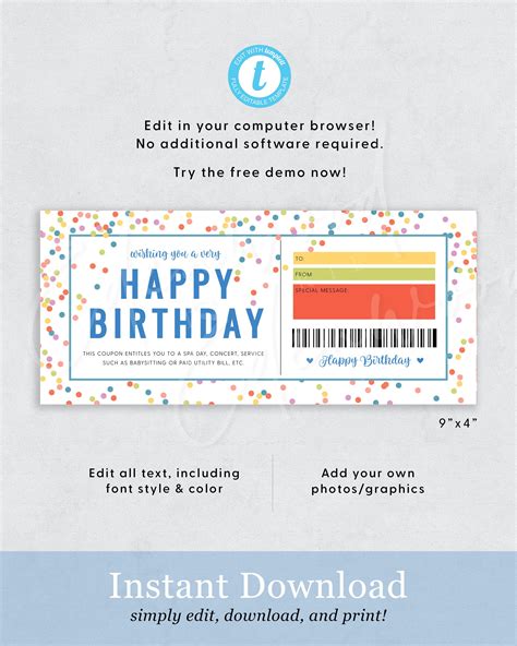 Birthday Coupon Template Printable Birthday Gift Certificate - Etsy