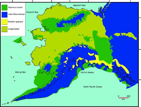 Map of eastern Beringia, showing the extent of glaciers during the ...