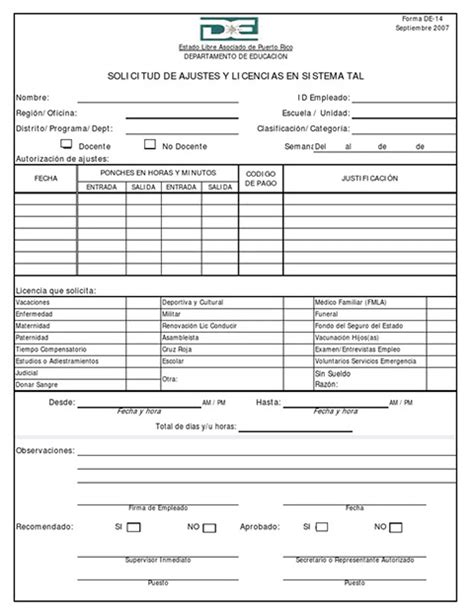 Formulario De Solicitud De Ajustes Y Licencias En Sistema Tal