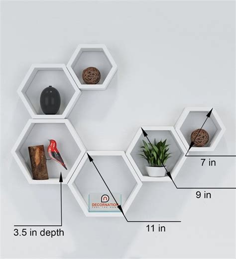 Buy Set Of 6 Engineered Wood Hexagon Shape Wall Shelf In White Colour