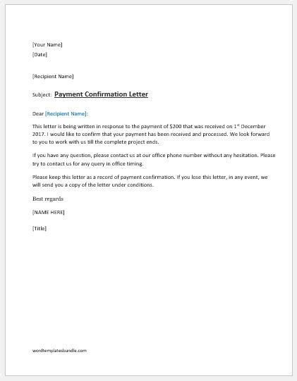 Payment Confirmation Letter Ms Word Formal Word Templates