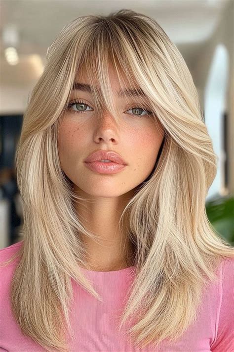 Trendy Long Straight Haircuts To Try Now Modern Platinum Layers With Curtain Bangs Blonde