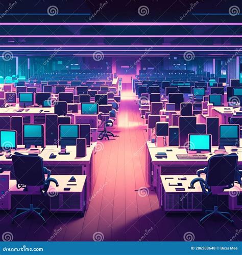 Futuristic Office Interior with Rows of Computer Monitors. Night Scene ...