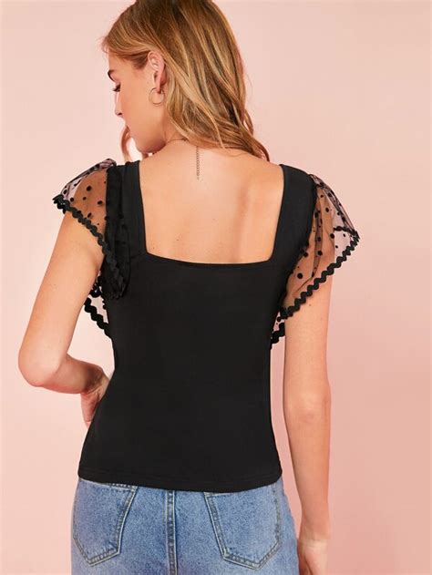 Shein Frenchy Dobby Mesh Butterfly Sleeve Top Shein Uk