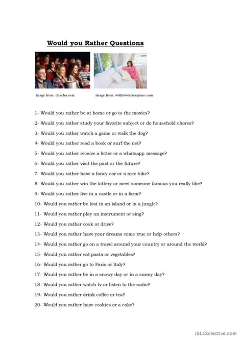 Would You Rather Questions Gene English Esl Worksheets Pdf Doc