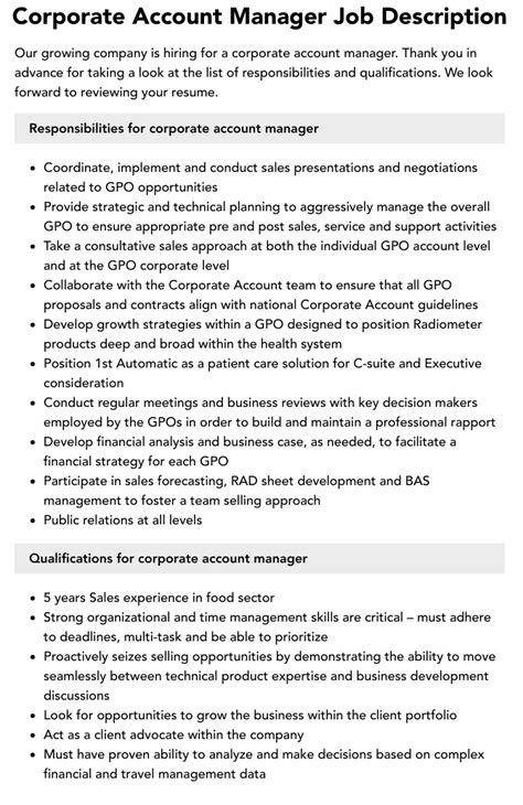 Corporate Account Manager Job Description Velvet Jobs