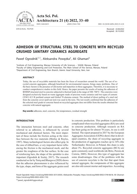 Pdf Adhesion Of Structural Steel To Concrete With Recycled Crushed