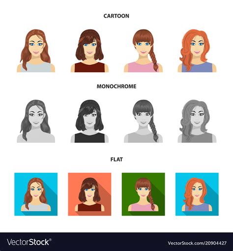 Types Of Female Hairstyles Cartoonflatmonochrome Vector Image