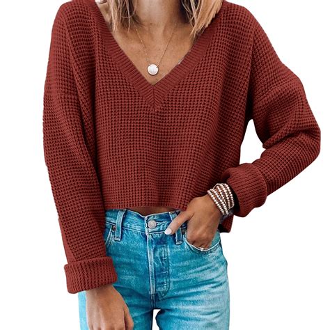 Dtydtpe Cropped Sweater Womens V Neck Knt Cropped Top Long Sleeve