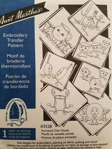 Aunt Martha S Hot Iron Transfer 3528 Animated Dish Motifs NEW EBay Embroidery Patterns