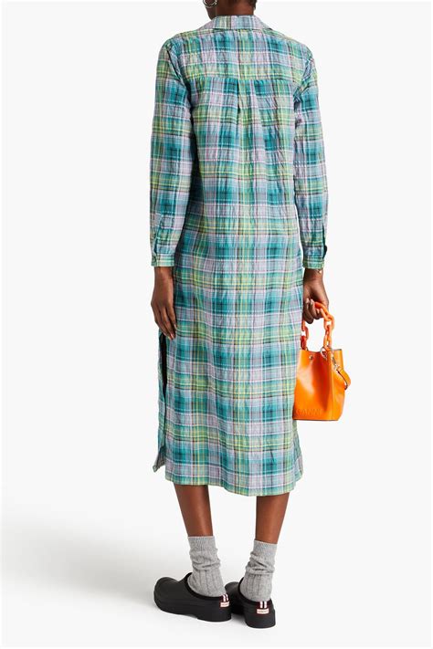 Ganni Checked Cotton Blend Seersucker Midi Shirt Dress The Outnet