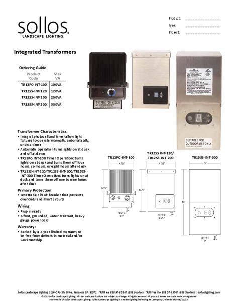 Sollos Tr12ss Int 120 Integrated Transformer User Guide