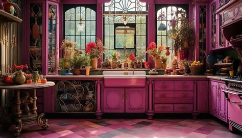 Premium Ai Image Witchy Distressed Hot Pink Cabinets In A Victorianboho Kitchen