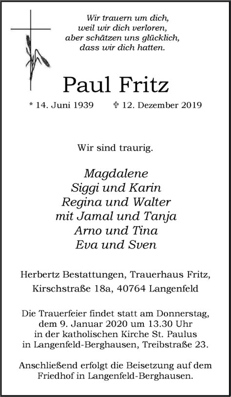 Traueranzeigen Von Paul Fritz Trauer In Nrw De