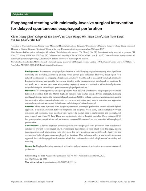 PDF Esophageal Stenting With Minimally Invasive Surgical Intervention