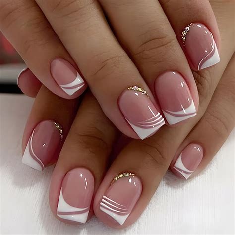 Amazon Foccna French Tip Press On Nails Medium Nude Fake Nails Square Bling Glossy White