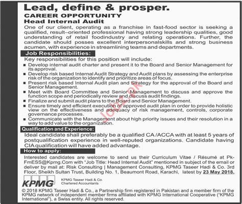 Head Internal Audit At Kpmg Job Advertisement Pakistan