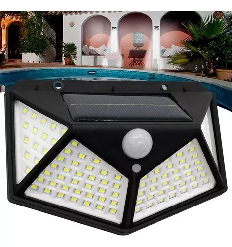 Luminária Parede Solar 100 Leds Bateria Luz Balizador Jardim Cor Preto