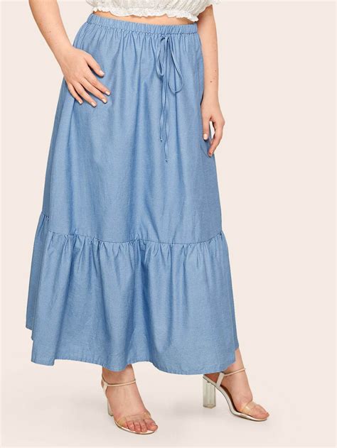 Plus Solid Drawstring Waist Denim Skirt Plus Size Dresses Plus Size