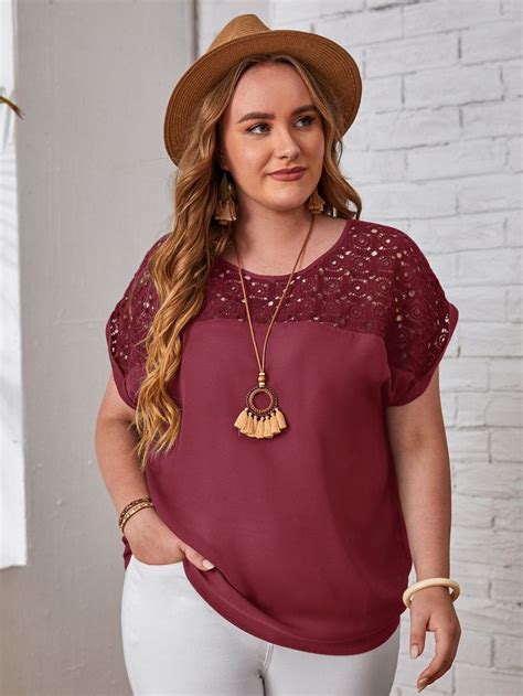 Plus Guipure Lace Yoke Cuffed Sleeve Top Plus Size Tops Cuffed