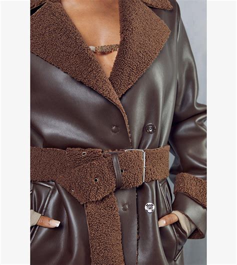 Buy Misspap Leather Look Belted Teddy Lined Coat In Brown Thstreet