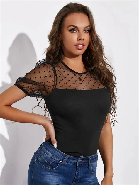 Womens Casual Puff Sleeve Tops Sheer Mesh Sweetheart Temu