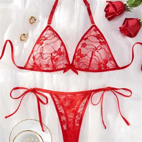 Intimates Sleepwear New Floral Sexy Red Lace Lingerie Set Halter Neck Intimates Bra Knot